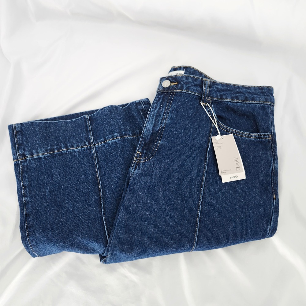 Mango MNG Womens Retro Chic Flare Jeans Size 14 High Waist Seam Detail Denim NWT